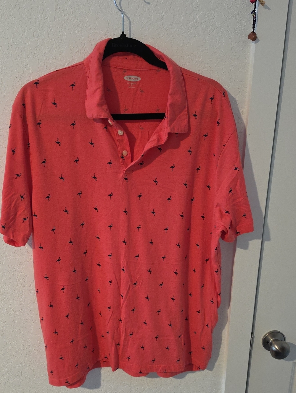 Old Navy Coral Polo Shirt with Navy Flamingo Motif